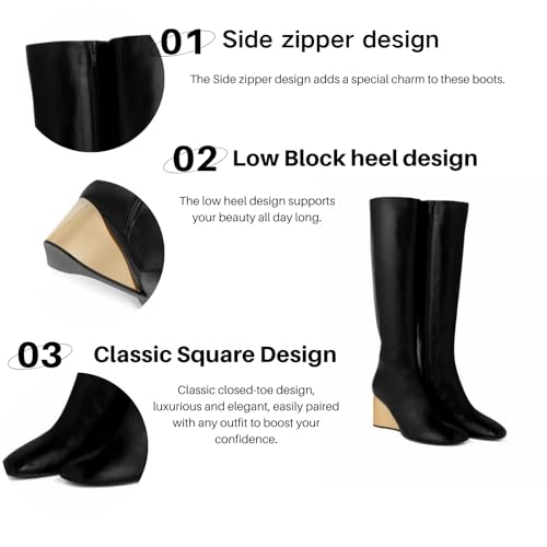 Knee High Boots for Women Platform Low Block Heel Square Toe with Side Zipper Wide Calf Fashion Boots2