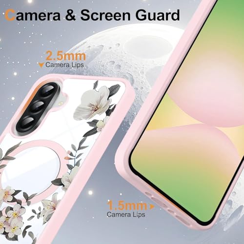 Image of VONZEE Compatible with Samsung Galaxy A36 5G Case Luxury Retro Flowers Floral Clear for Magnetic Wireless Charging Case Shockproof Case PC+TPU Cute Glossy Shiny Cover for Girls Women, Pink