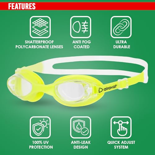 Image of AIRAVAT Hydro 1027 Swimming Goggles, Adjustable Pool Goggles For Adult, Youth, Boys & Girls, Optic Quality Poly carbonate Lenses, 100% UV Protection Anti-fog Coated, Ultra Durable (Green)