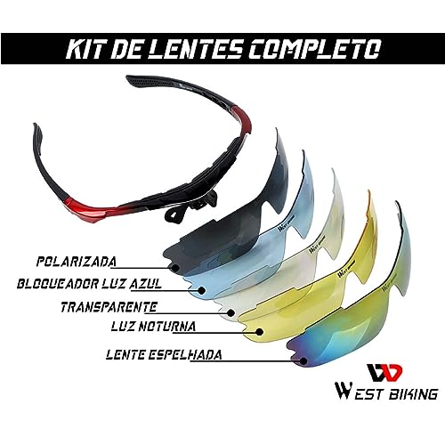 WEST BIKING - Óculos Esportivo Polarizado Ciclismo Bike Speed Kit Completo Case E Acessórios (Preto)