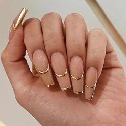 24 PCS Gold Foil Stripe Printed Ballet Press on Nails Acrylic Coffin Fake Nails for Ladies and Girls Party Salon Cover