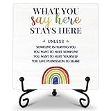 Confidentiality Sign Desk Sign, What You Say Here Stays Here Wooden Plaque Sign With Iron Stand, Rainbow Wood Sign Desk Decor for Therapist Office Counseling Office, Social Worker School Psychologist