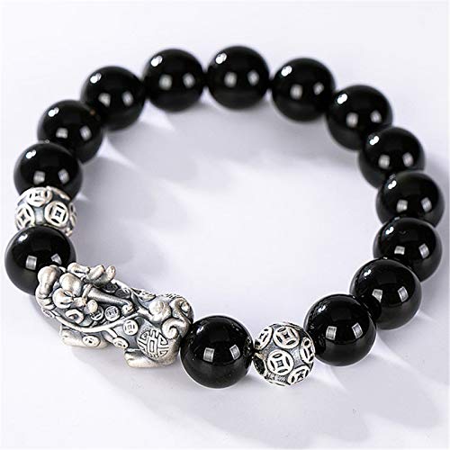 Regalo pulsera Negro Obsidiana Feng Shui riqueza pulsera Pixiu para hombres,mujeres Pixiu/Piyao amuleto pulsera con prosperidad S925 plata pura elasticidad resistente duradero Atraer afortunado,10mm Cover