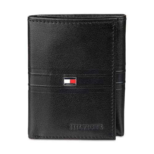 Tommy Hilfiger Carteira masculina listrada com três dobras, preta, tamanho único, Preto, One Size, Carteira listrada com três dobras
