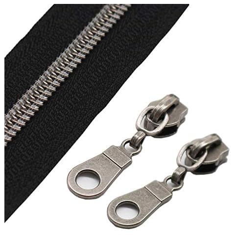 YaHoGa 9 m Altsilber endlos Reißverschluss Meterware Schwarze Reissverschluss 6mm-Spirale + 25 Nonlock-Zipper Cover
