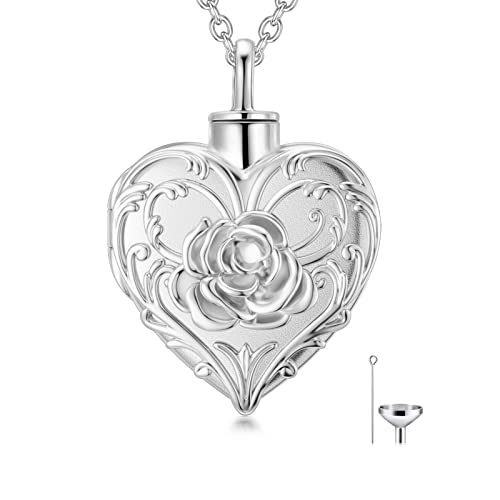 SOULMEET White Gold Filled Flower Rose Cremation Jewelry for Ashes Heart Rose Urn Necklace that Holds Human Dog Cat Ashes