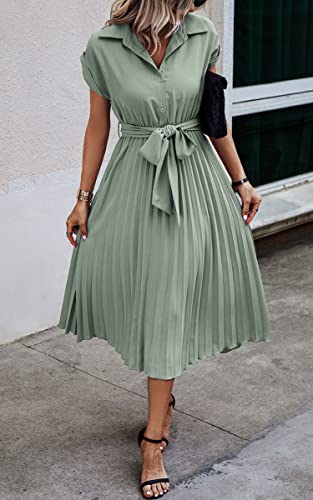 Image of ECOWISH Womens Casual Midi Dresses Solid V Neck Short Sleeve Button Shirt Belted Dress with Pockets for Spring Summer 2026