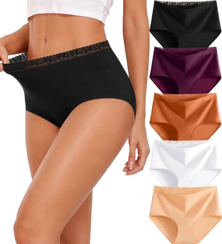 Image of UNDER THE SEA Cotton Underwear for Women High Waisted Lace Briefs Soft Breathable Womens Panties 5 Pack S-3XL