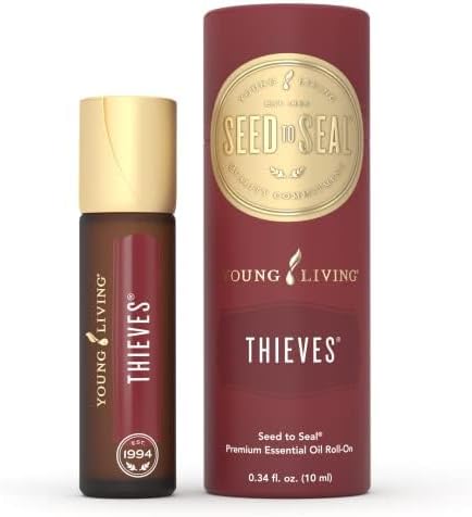 Young Living Thieves Roll-On – 10 ml – Pre-Diluted Essential Oil Blend for On-The-Go Application – a Legendary Blend of Essential Oils. Formulated with Clove, Lemon, Cinnamon Bark, Eucalyptus