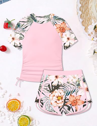 Image of AGAPENG Girls Swimsuit Two Piece Short Sleeve Rash Guard Floral Print Ruched Girls Bathing Suit UPF 50+ Swimwear for 9-16Y