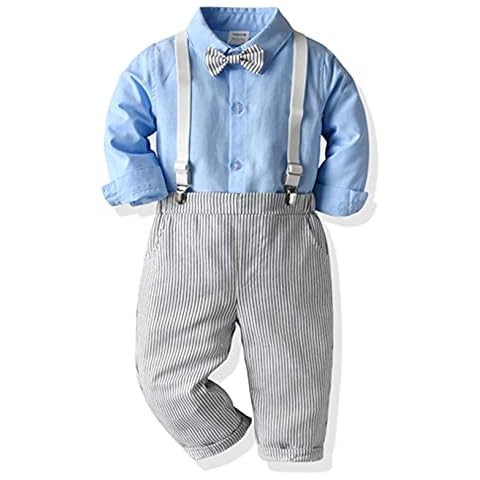 Oyolan Kids Boys Dress Suit Clothes Sets Bowtie Shirts + Suspenders Pants 3pcs Gentleman Outfits Suits Blue-a 3-4 Years Cover
