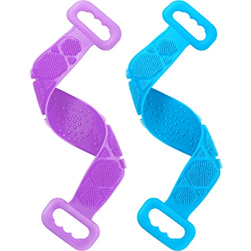2 Pieces Silicone Bath Body Brush Exfoliating Double Side Silicone Body Back Scrubber Belt Long Back Cleaning Shower Strap for Men Women (Blue and Purple)