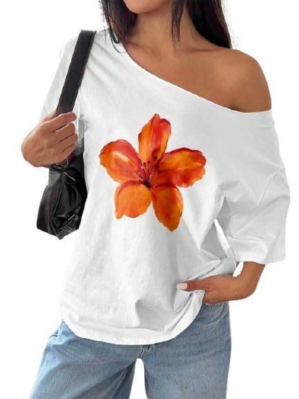 Image of SXV STYLE Women's Off Shoulder Top, Yellow, Orange Floral Print, 3 /4 Sleeve, Casual Loose Fit