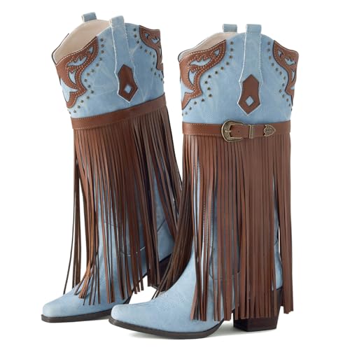 Cowboy Boots for Women Fringe Embroidered Western Knee High Cowgirl Boots Chunky Heels Pointed Toe2