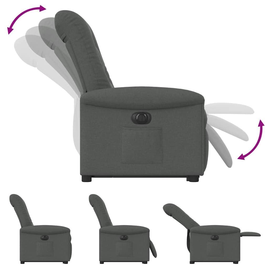 Sillón elevador reclinable eléctrico gris oscuro tejido con función de elevación e inclinación 135 grados, estructura estable y bolsillo lateral, asiento acolchado