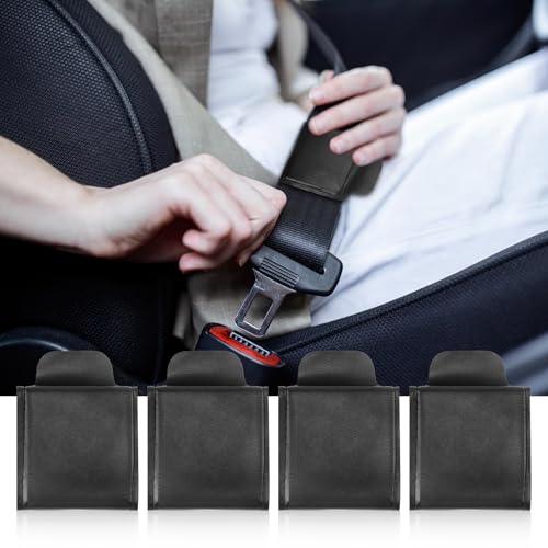 4er Set Auto Sicherheitsgurt Versteller aus PU Leder, Universal Gurt Clip mit Klettverschluss für Erwachsene und Kinder, Schutz für Schulter und Nacken, Hitzebeständig, Komfortabel (Schwarz)