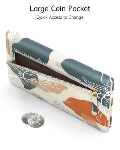 Nipichsha Womens Wallet, RFID Slim Wallets for Women, Thin Ladies Credit Card Holder Purse, Cute Leather Bifold Clutch Billfold with 11 Card Slots & ID Window, Abstract Boho Leaf4