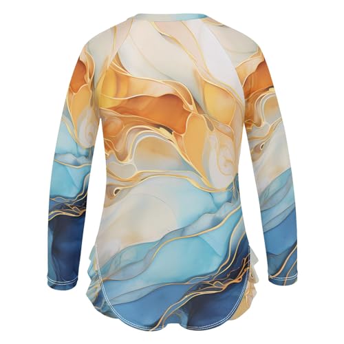 ALAZA Toddler Swimsuit Girl Bathing Suit Swimwear Rash Guard Marble Blue Orange Long Sleeve 3T3
