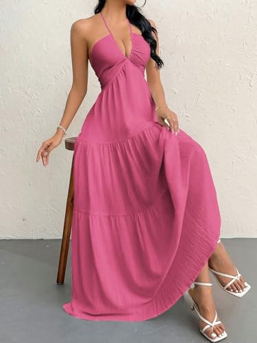 Image of Narecte Women's Maxi Summer Dresses Halter V Neck Beach Dresses for Women A-Line Casual Dress for Vacation