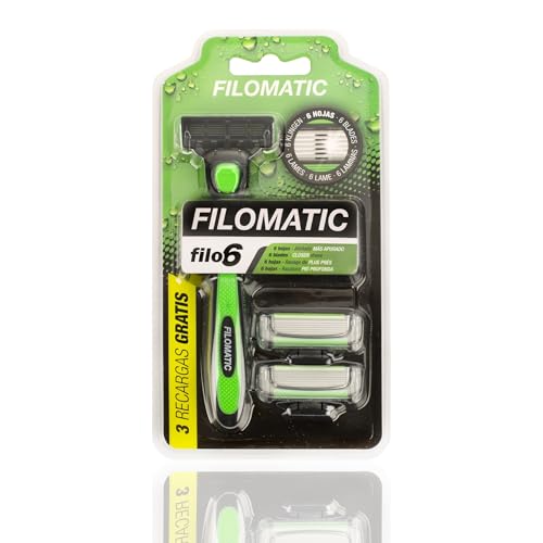 Filomatic Filo6 Maquinilla de Afeitar para Hombre con Cabezales de 6 Hojas - Afeitado Apurado - Cabezal Basculante y Banda Lubricante - Diseño Abierto de Fácil Limpieza (Maquina + 3 Cabezales)