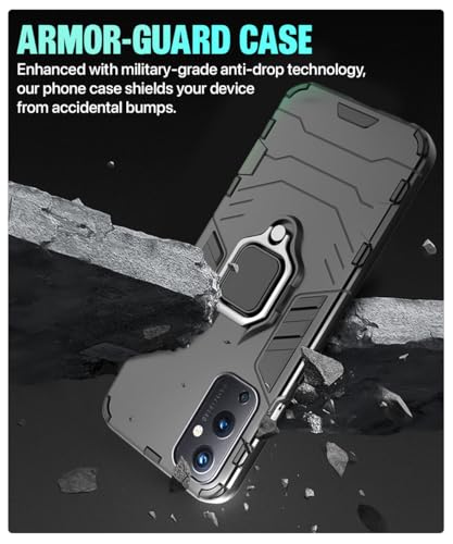 Image of WOW IMAGINE Shock Proof Back Case Mobile Cover for 1+ OnePlus 9 5G | Back Cover Case (Tough Armor | Hybrid PC + TPU | Ring Holder & in-Built Kickstand | Black)