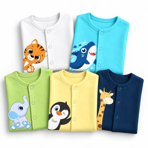 Image of minicult Cotton Unisex Front Open Full Sleeve T-Shirt with snap Buttons and Cute Prints Combo Pack