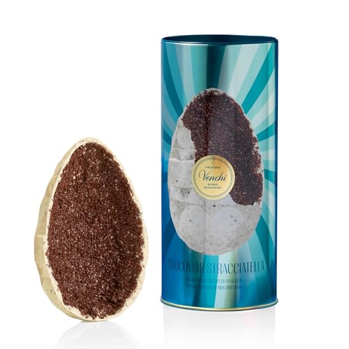 Venchi - Uovo di Cioccolato Chocoviar Stracciatella, Gusto Cioccolato Bianco, con Panna, Fave di Cacao Tostate e Granella di Cioccolato al Latte, con Sorpresa, Senza Glutine, 390 gr, Collezione Pasqua
