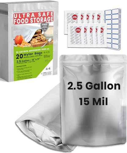 20 Mylar Bags for Food Storage 2.5 Gallon Capacity Extra Thick 15 Mil with 1000cc Oxygen Absorbers Resealable Stand-Up Gusset Ideal for Long-Term Food Storage