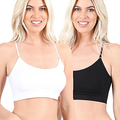 Women Seamless Round Neck Daily Padded Sports Bra Top with Adjustable Cross Back Straps (White Black, Regular)