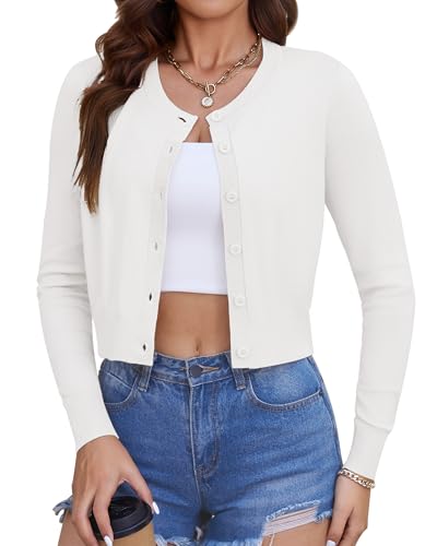 Womens Cropped Cardigan Sweaters Lightweight Summer Knit Bolero Shrug Crew Neck Long Sleeve Button Down Cardigan for Dresses White