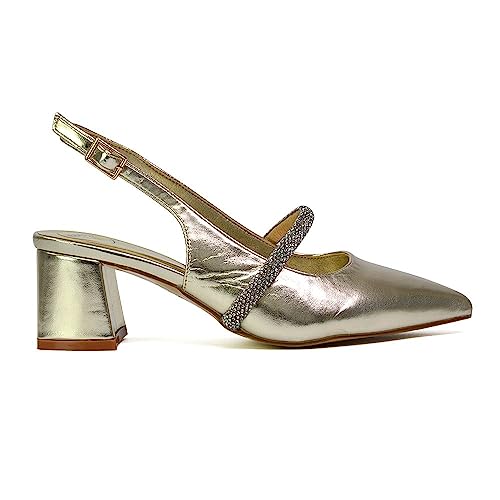 Womens Low Heel Bridal Shoes Ladies Pull On Slingback Diamante Strap Gold Wedding Party Pointed Toe Courts Pumps Size 6