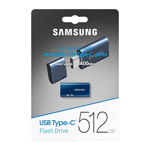 Image of Samsung Type-C USB Flash Drive, 512GB, Transfers 4GB Files in 11 Secs w /Up to 400MB /s USB 3.2 Gen 1 Read Speeds, Compatible w /USB 3.0 /2.0, Waterproof, 2022, Blue, MUF-512DA /AM