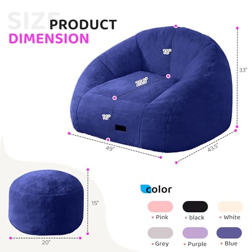 Image of HABUTWAY Bean Bag Chair, Giant Bean Bag Chairs for Adults with Ottoman, Comfy Faux Fur Shell-Shaped Bean Bag Couch, Sofa Chair for Living Room, Bedroom, Navy Blue