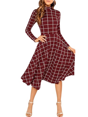 Image of Floerns Women's High Neck Plaid Fit and Flare Midi Dress
