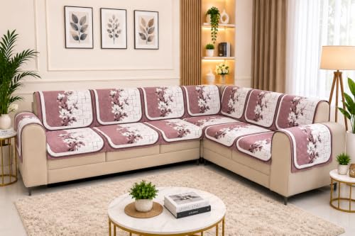 Image of Printed 7 Seater L-Shape Sofa Cover with Arm Covers, Quilted Texture, Sectional Couch Protector for Living Room-Pack of 15 (Pink Bloom)