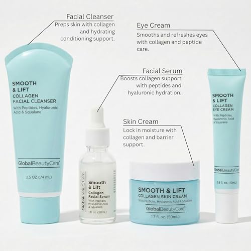Global Beauty Care Smooth & Lift Collagen Skin Care Set - Hydrating & Firming Facial Cleanser, Serum, Eye Cream & Face Cream with Peptides & Hyaluronic Acid, Complete Face Care Routine, 4-Piece Set