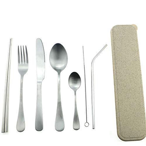 Silver Reusable Utensils with Case Camping Travel Silverware Set,Portable Stainless Steel Cutlery Set - Matte Flatware Set Knife Fork Spoon Mirror Straws Chopsticks - for Office Lunch, Hiking, School
