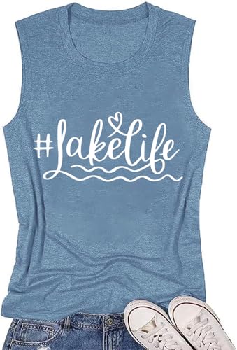 Lake Clothes for Women Vintage Lake Life Letter Print Saying Tank Tops Summer Casual Sleeveless Crewneck Fishing Boating Tank Tops(Ink Blue M)