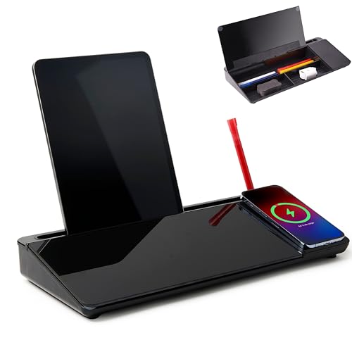 Image of Garood Desktop Whiteboard with Wireless Charger Black, Adapter Included, Desktop Whiteboard with Phone Charger and Holder, Glass Desk White Board with Stand 15.8X7X2 inches