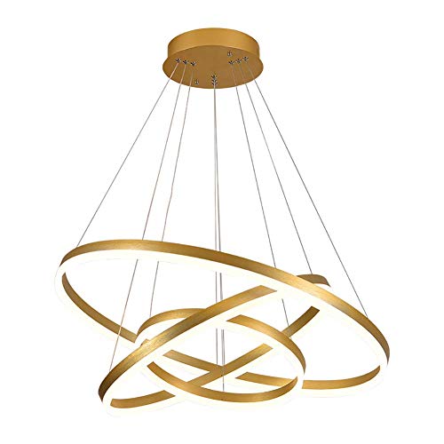 NZDY Lustre Rond Moderne À 3 Anneaux, Hauteur Réglable, Suspension Led 84W 6300-7100Lm Plafonnier Circulaire Lustre Acrylique Doré Contemporain Luminaires D'Intérieur,Blanc Froid,20 + 40 + 60 Cm