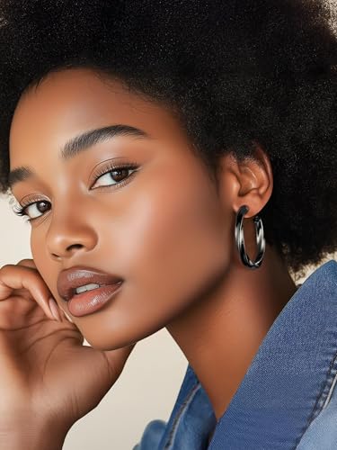 Image of Stainless Steel Chunky Hoop Earrings For Women, Minimalist and Chic, Black /Gold Plated, Round Hoops Earrings Hypoallergenic, Size: 30mm /40mm /60mm /80mm, Come with Box