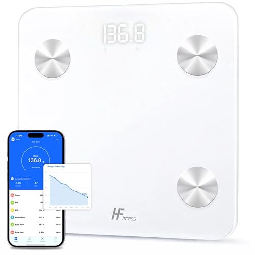HomeFashion HFitness Báscula Inteligente de Grasa Corporal con App, Báscula Digital Bluetooth, 19 Datos Corporales incluyendo IMC, Grasa y Masa Muscular, Compatible con iOS y Android HomeFashion HFitness Báscula Inteligente de Grasa Corporal con App, Báscula Digital Bluetooth, 19 Datos Corporales incluyendo IMC, Grasa y Masa Muscular, Compatible con iOS y Android