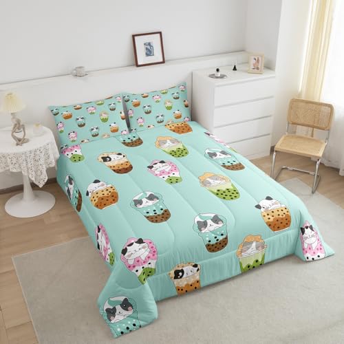 Image of Feelyou Kids Milk Tea Comforter Set Twin Size, Cute Kitten Cat Bedding Set Bubble Tea Comforter Kids Boys Girls Kawaii Duvet Insert Room Decor with 1 Pillow Case