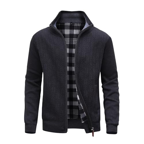 MeiLayM Herren Fleecejacke Strickjacke Cardigans mit Reißverschluss Strickjacke Stehkragen Herbst Winter Cardigan Freizeitjacke Feinstrick Warm Sweatjacke Schwarz,L