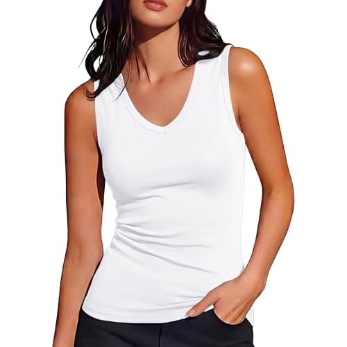 Totatuit Women Wide Strap V Neck Tank Tops Ribbed Camisole Basic Shirts | Tank Tops for Women Slim Fit Sleeveless Summer Shirts Layering Clothing Vacation Casual Daily Wear Going Out Tops