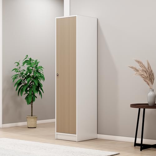 Image of Bniture Luxe 1 Door Wardrobe for Bedroom | Almirah for Clothes with 4 Shelves & Integrated Handle | Full Height Storage Cupboard for Bedroom | Wardrobe with Elevated Base | Frosty White & Giant Wood