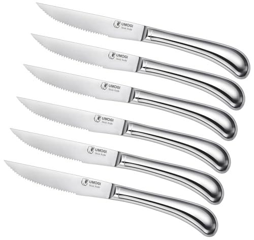 UMOGI Steak Knives Set of 6 - High Carbon Stainless Steel, Dishwasher Safe - Polished Shiny Blade & Handle, Serrated Edge - Kitchen Table Knife Set, 4.5â€™â€™ Dinner Knife Non Straight