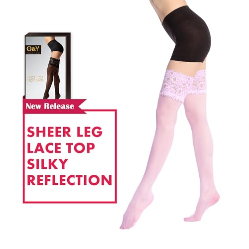 Image of G&Y Thigh High Stockings with Silicone - 15D Sheer Lace Top Nylon Stay Up Pantyhose for Women