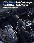 Rocoren 105W Chargeur automobile total USB C, PD 35W & QC3.0 30W Super charge rapide, 6-Port Adaptateur de voiture pour les voyages en famille, USB Chargeur de voiture 5FT Câble pour iPhone 15, iPad Pro, Samsung S23