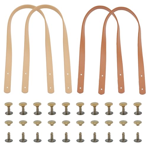 SUPERFINDINGS 2 Juegos 2 Colores Asas de Cuero de imitación 60x1.85cm Correa de Cuero de Poliuretano para Bolso con Remaches de Hierro Blanco y Marrón Asa para Bolso Agujero para cinturón 3mm